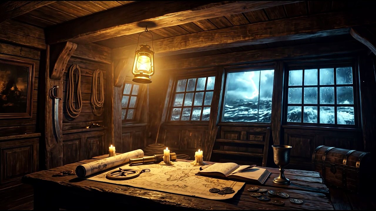 Captain's Cabin in a Storm Heavy Rain, Ocean Waves & Distant Thunder for Deep Sleep | 1 Hour