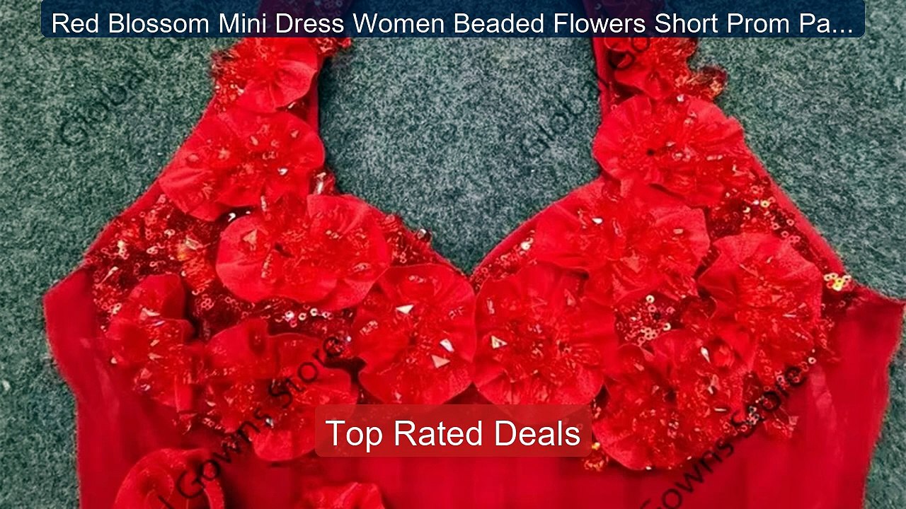 Red Blossom Mini Dress Women Beaded Flowers Sho...