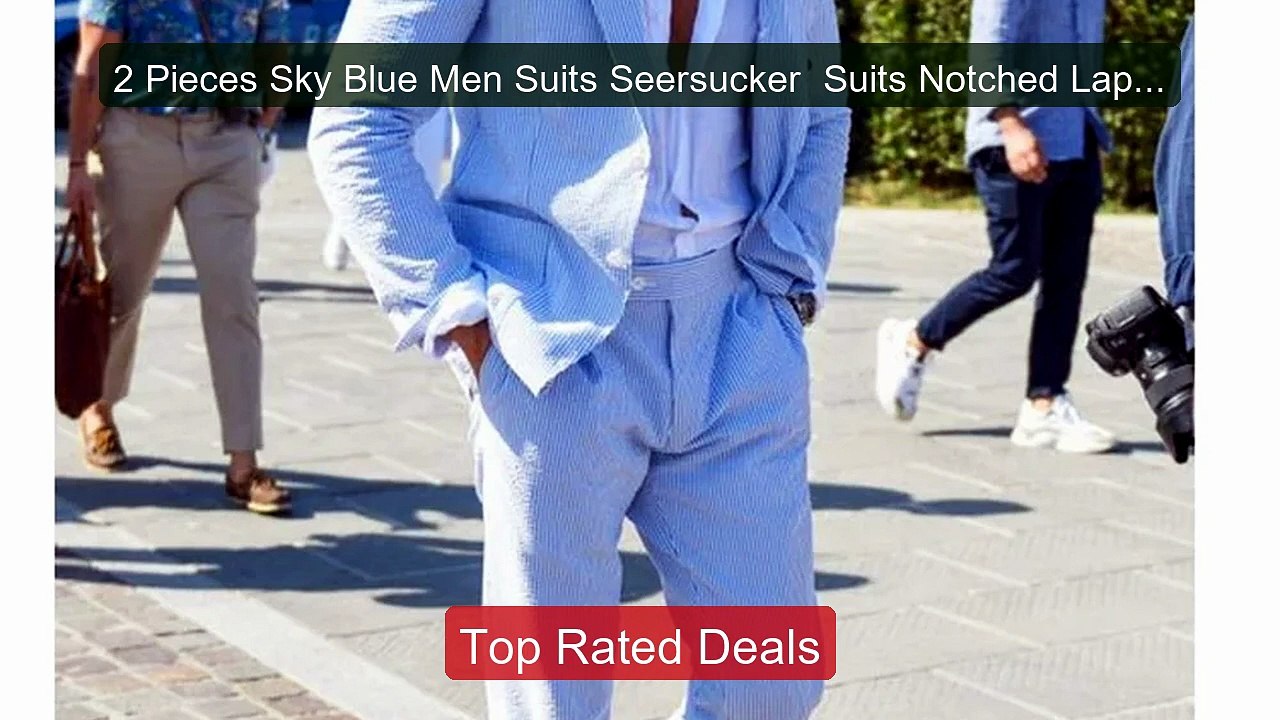 2 Pieces Sky Blue Men Suits Seersucker  Suits N...