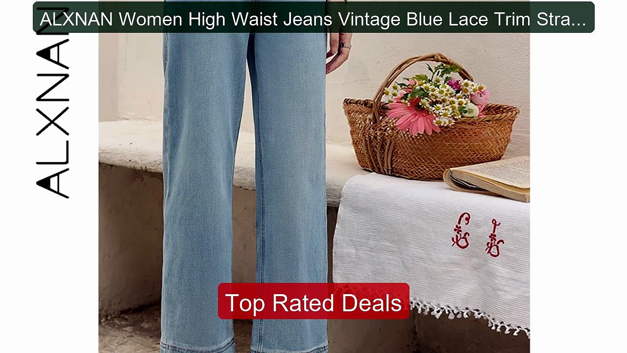 ALXNAN Women High Waist Jeans Vintage Blue Lace...