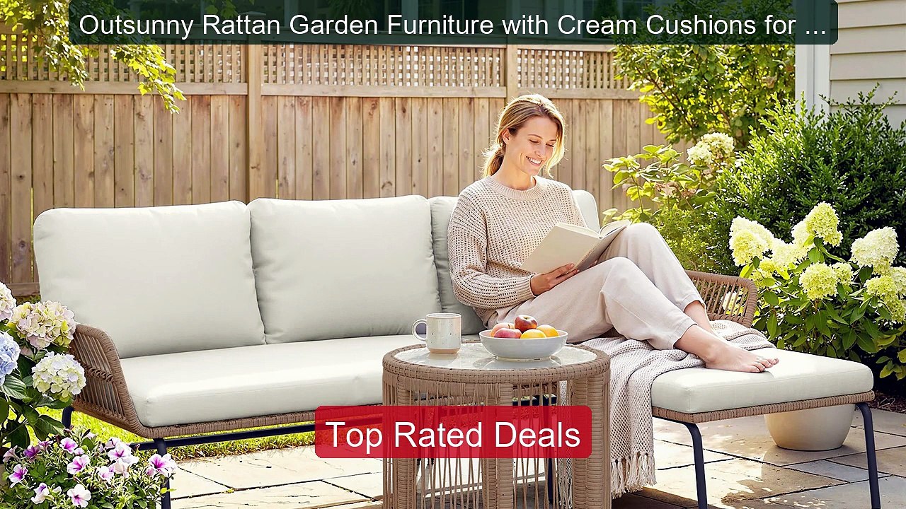 Outsunny Rattan Garden Furniture with Cream Cus...