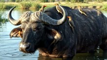 Hundreds of Fish And Oxpecker Clean Thousands of Parasites Off This Buffalo