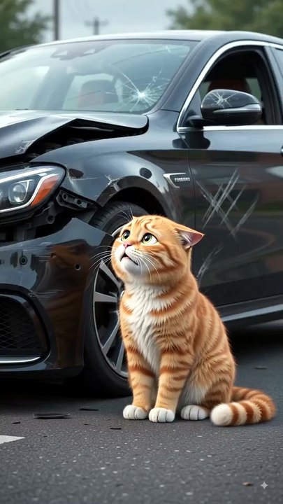 🐱🚗 AI Cat Finds a Damaged Car! 😿 |#Cute Cat #Car Video
