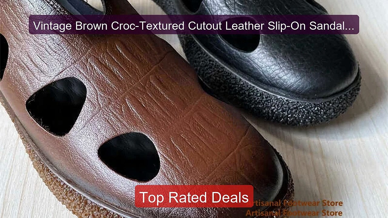 Vintage Brown Croc-Textured Cutout Leather Slip-On Sandals Thi... -- Hot Deal 2026 | Limited Offer!