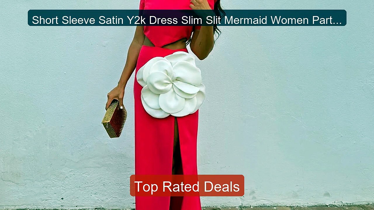 Short Sleeve Satin Y2k Dress Slim Slit Mermaid...