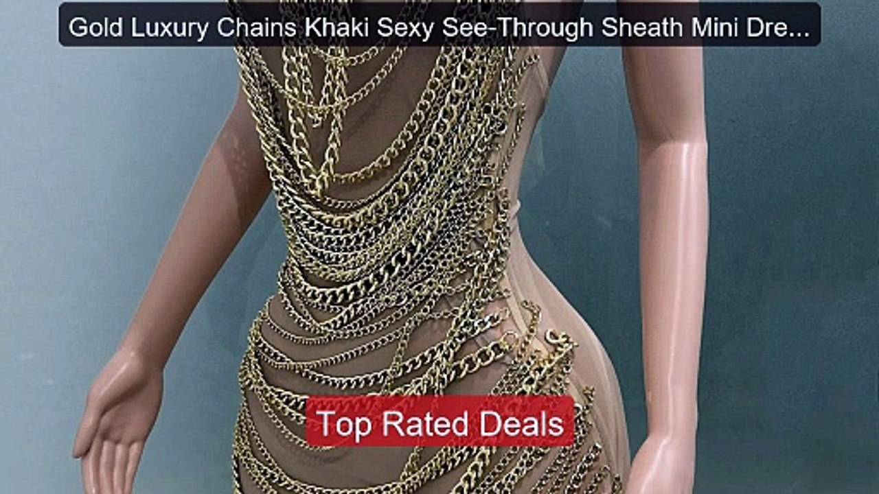 Gold Luxury Chains Khaki Sexy See-Through Sheath Mini Dress Ev... -- Best Buy 2026 | Great Quality!
