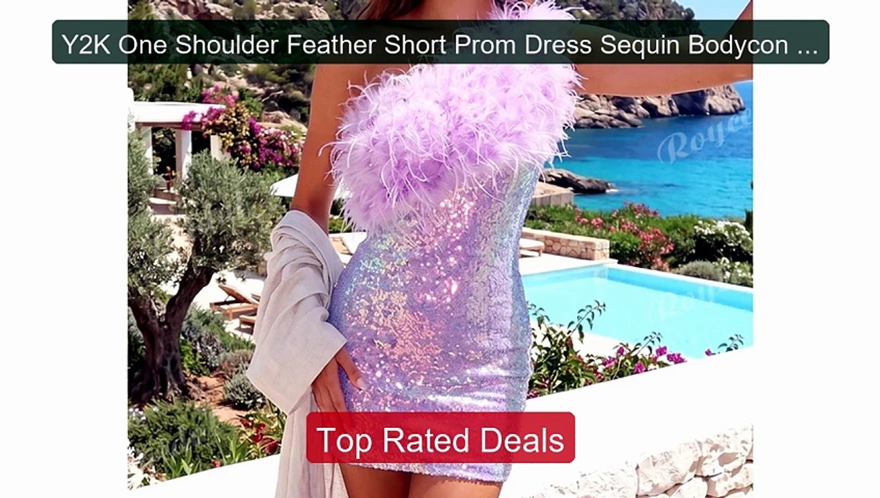Y2K One Shoulder Feather Short Prom Dress Sequi...