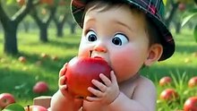 Baby and bear eats apples in orchards