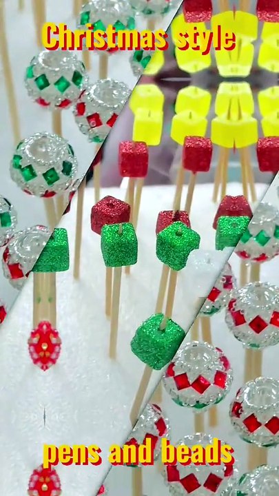 DIY Christmas Red & Green Small Flower with Clear Rhinestone Inside White Pearl Beadable Pen