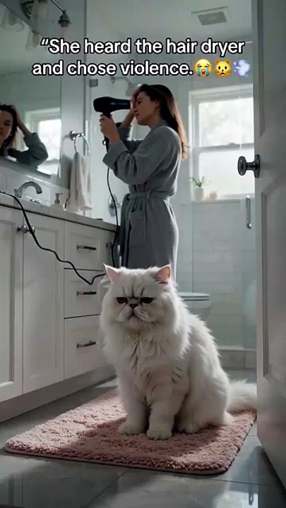 The Persian Cat Thinks the Hair Dryer Is a Tiny Jet Engine