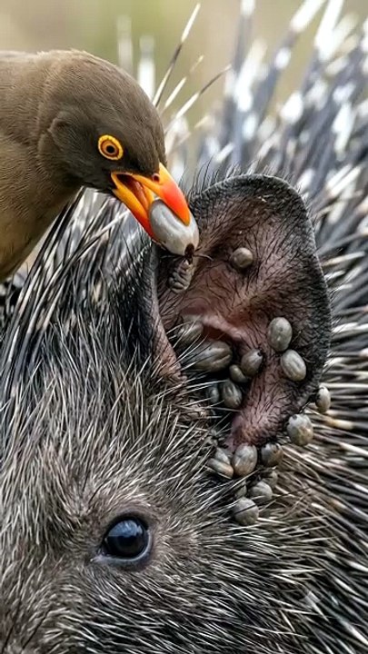 A fascinating scene from nature where a small bird approaches a porcupine to find and remove a tick from its body. 🐦🦔