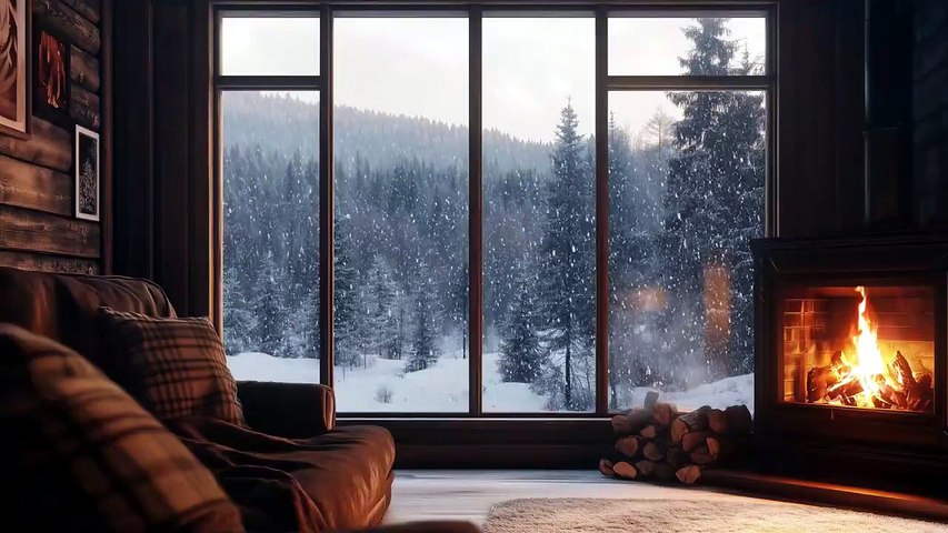 Cheminée Relaxante dans un Chalet de Montagne ❄️ Feu Crépitant & Neige