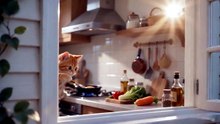Kitten frying fish