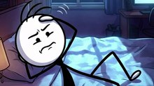 The character lies centered in the frame on a bed under soft moonlight, one arm draped over his forehead, his stick body shown mid-toss in a restless, uncomfortable pose with legs slightly bent and tangled in the blanket, communicating clear disrupted sle