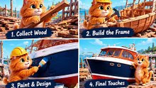 Title: **Fluffy Cat Builds Her Dream Boat! 🐱🚤 | From Wood to Ocean 🌊 | 1 Minute Story