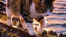 夕日の駅で、駅長猫が波にさわる。列車は瞳の中を通過【駅長猫編】#shorts