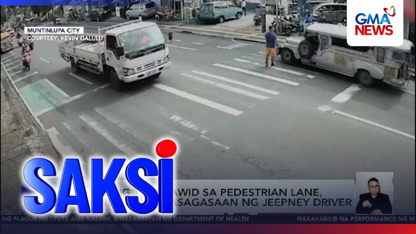 Lalaking tumatawid sa pedestrian lane, muntik nang masagasaan ng jeepney driver | Saksi