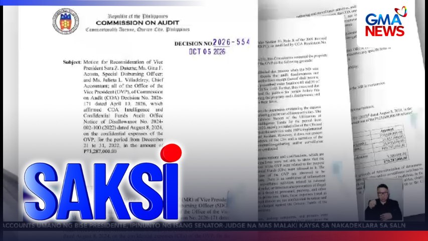 COA, kinatigan ang naunang desisyong ipabalik ang mahigit P70m confidential funds ng OVP | Saksi