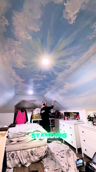 Artist Transforms Low Attic Ceiling Into An Open Sky | 3D Bedroom Mural ...