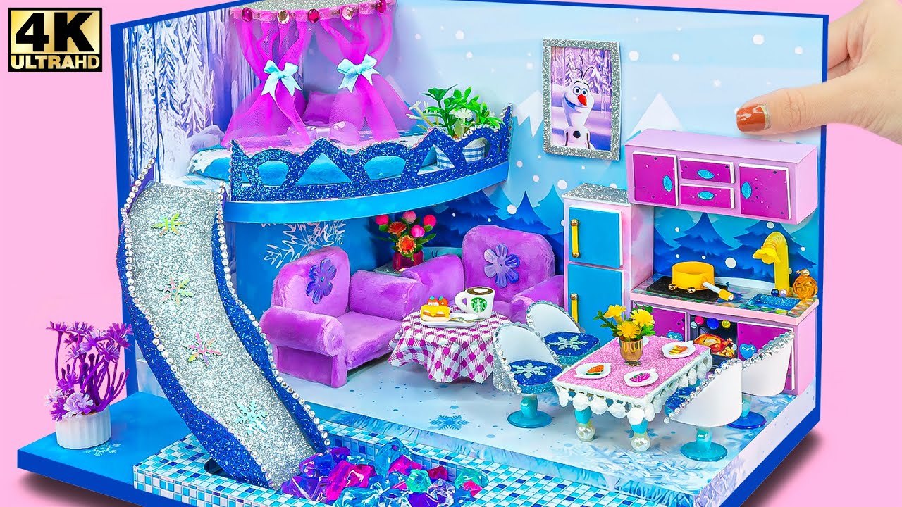 DIY Miniature Frozen Cardboard House With Swimming Pool, Kitchen ...