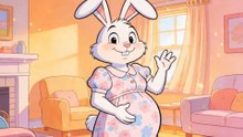Jack E. Rabbit in a maternity dress with light pink and blue flowers at the house.
