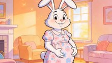 Jack E. Rabbit in a maternity dress with light pink and blue flowers at the house.