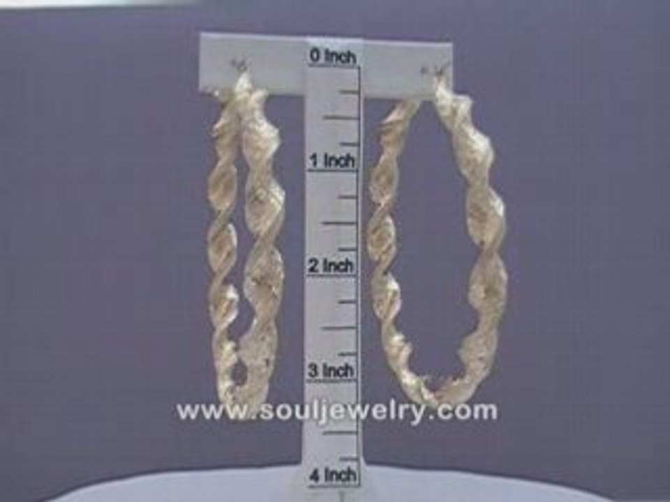 10K Gold 8mm Twisted Dia-Cut Hoop Earrings 3 1/4 Inch