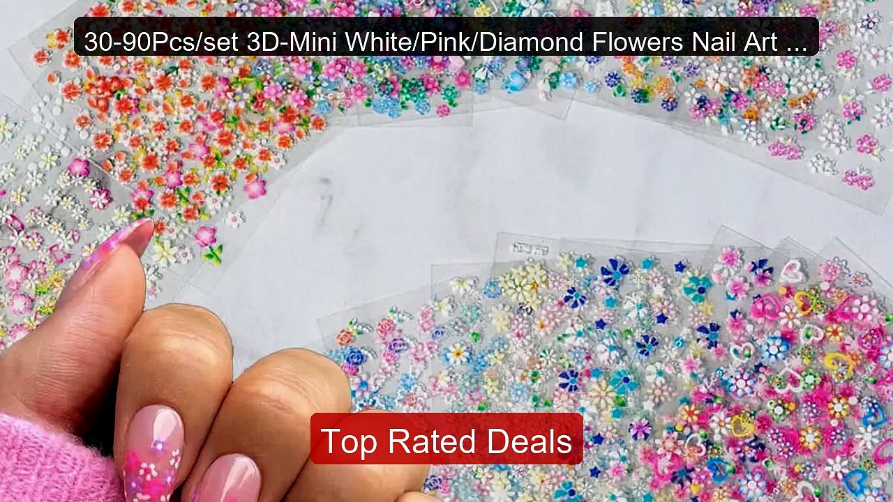 30-90Pcs/set 3D-Mini White/Pink/Diamond Flowers Nail Art Stic ...