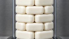 A clear chamber packed with white guest-soap bars meets a relentless steel press. Every tiny fracture has its own sound.