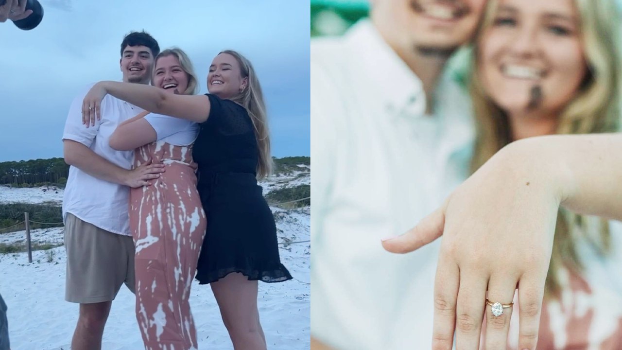 Funny engagement surprise as a bride-to-be uses her best friend's hand for the ring photo