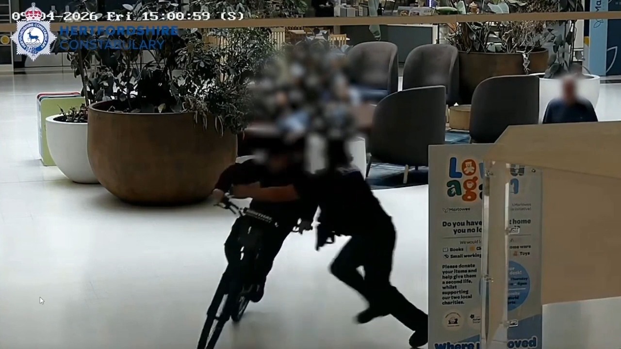 Police bodyslams suspect speeding on e-bike inside shopping centre carrying knife and taser