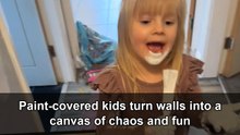 Paint-covered children turn a room into a colorful mess during playtime