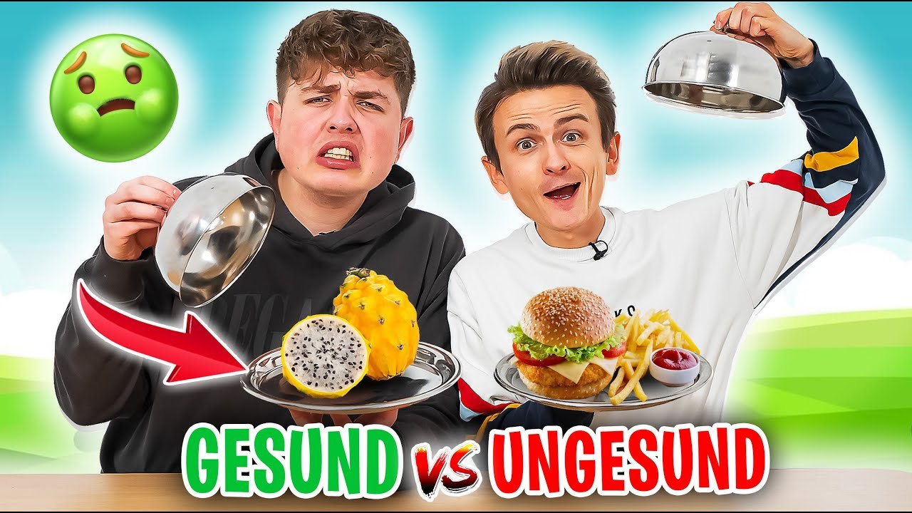 Gesund vs. ungesund: essens-challenge mit smiley und burger, donut, drachenfrucht
