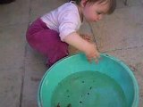Emma joue avec les poissons de l'étangs