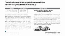 Comunicado de recall aos proprietários dos veículos Porsche 911 (992) e Porsche 718 (982)