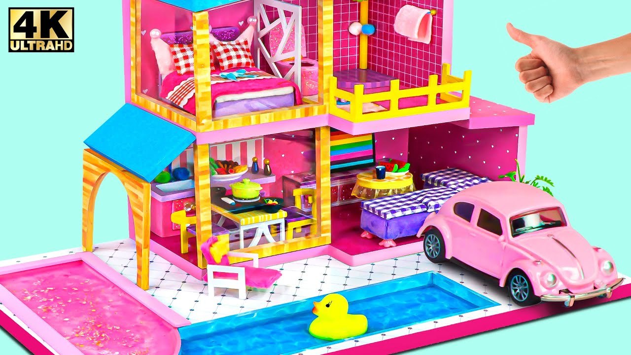 DIY Miniature Cardboard House #266 ️ Build Pink Villa with double pool ...