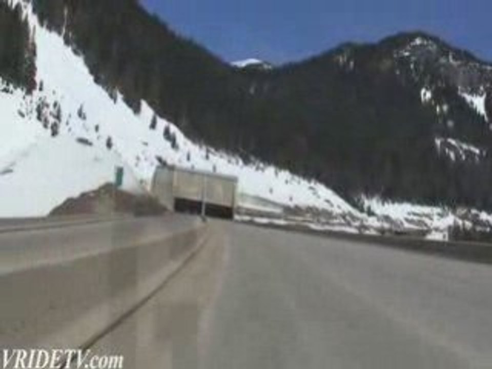 Motorcycle riding through Great Bear snowshed
