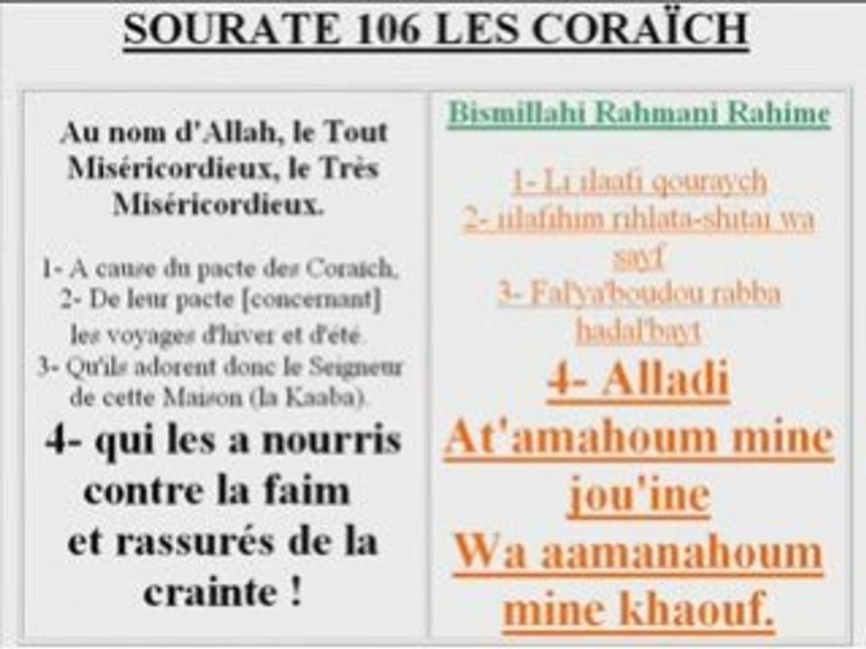 Coran sourate 106 les coraich video phonetique