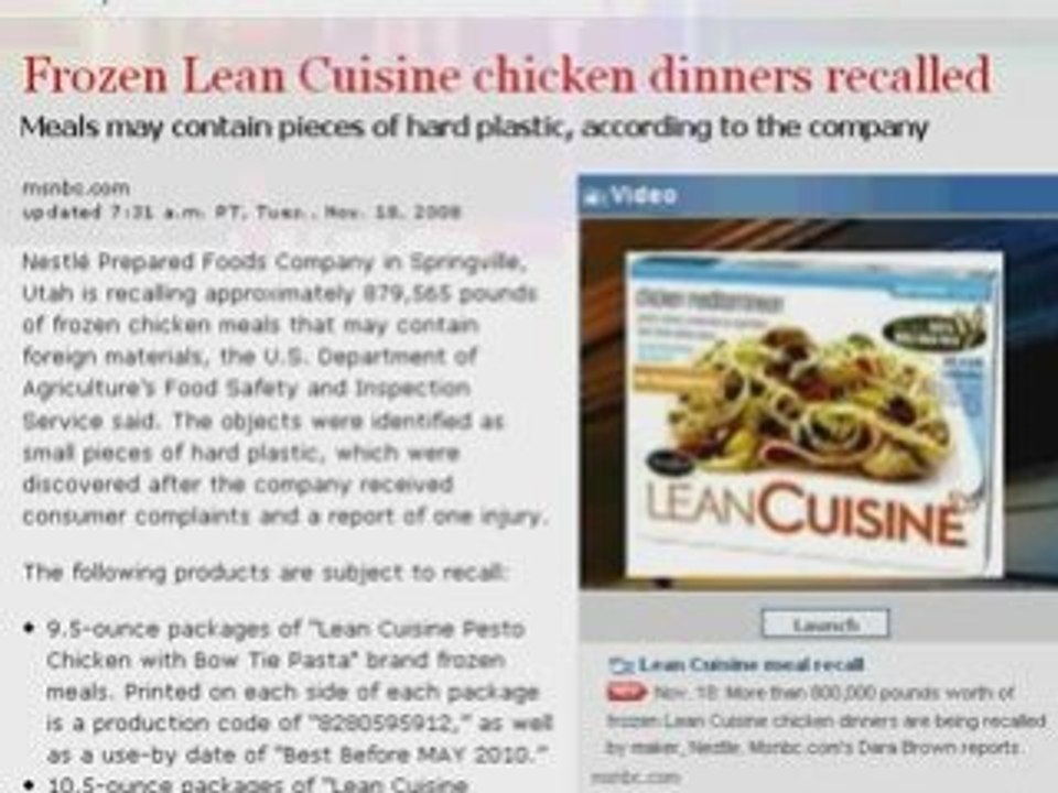 Frozen Chicken Dinner recall by Lean Cuisine - Video