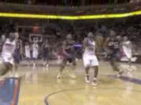 LeBron James sends Raymond Felton's shot into the stands.