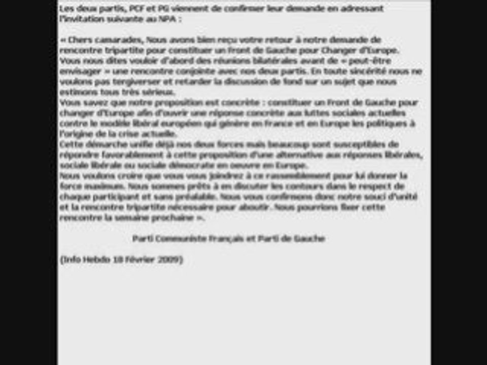 PCF et PG : la lettre au NPA