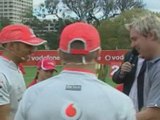 F1 champion Lewis Hamilton plays cricket with Shane Warne