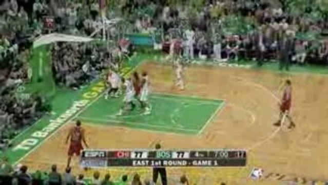 NBA Derrick Rose hits the circus shot over a cadre of Celtic