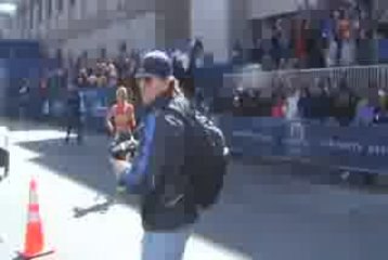 Shalane at the finish of the BAA Invitational Mile