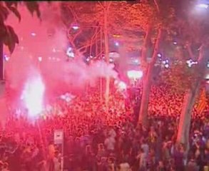 Celebración culé en Las Ramblas por el doblete