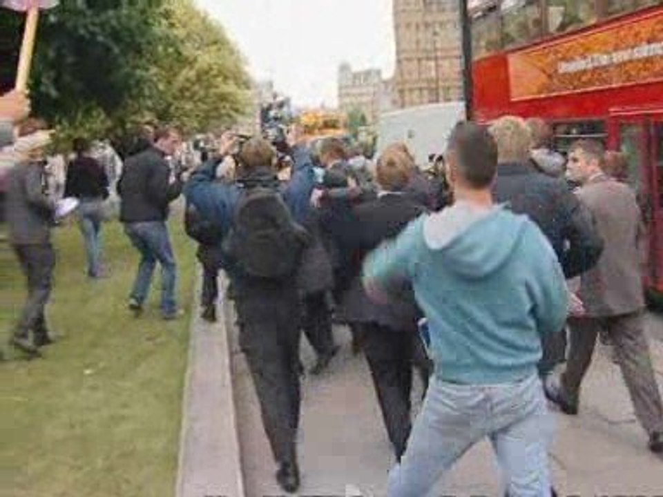 BNP leader Nick Griffin is pelted with eggs